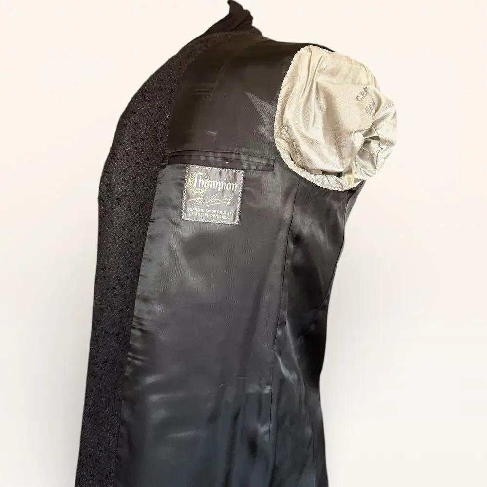 1960s Champion Mod Blazer Danish Harris Tweed Mens Black 3 Button 39L Sport Coat